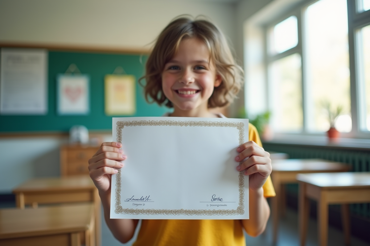 Jeune élève en classe tenant un certificat souriant