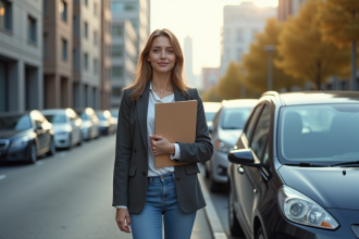 Jeune femme confiante avec document d'assurance voiture