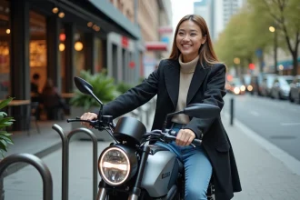Jeune femme souriante avec moto électrique en ville