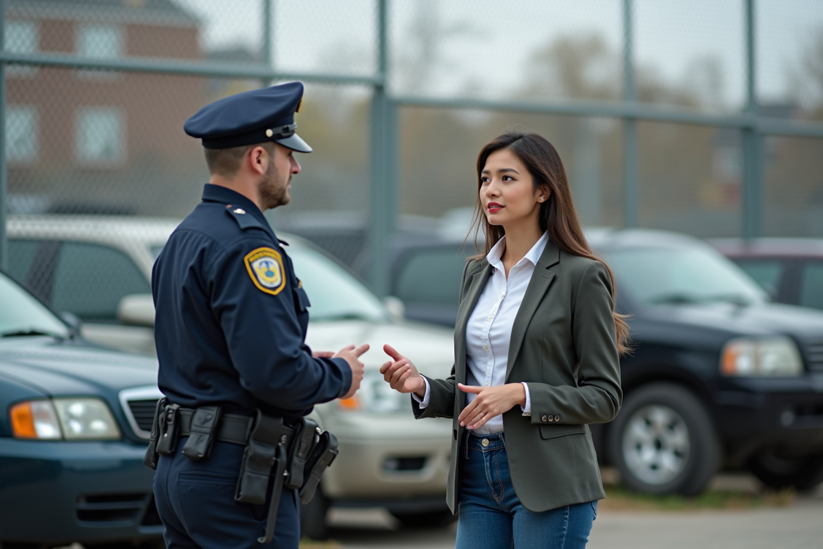 Jeune femme parle à un agent municipal dans un parking urbain