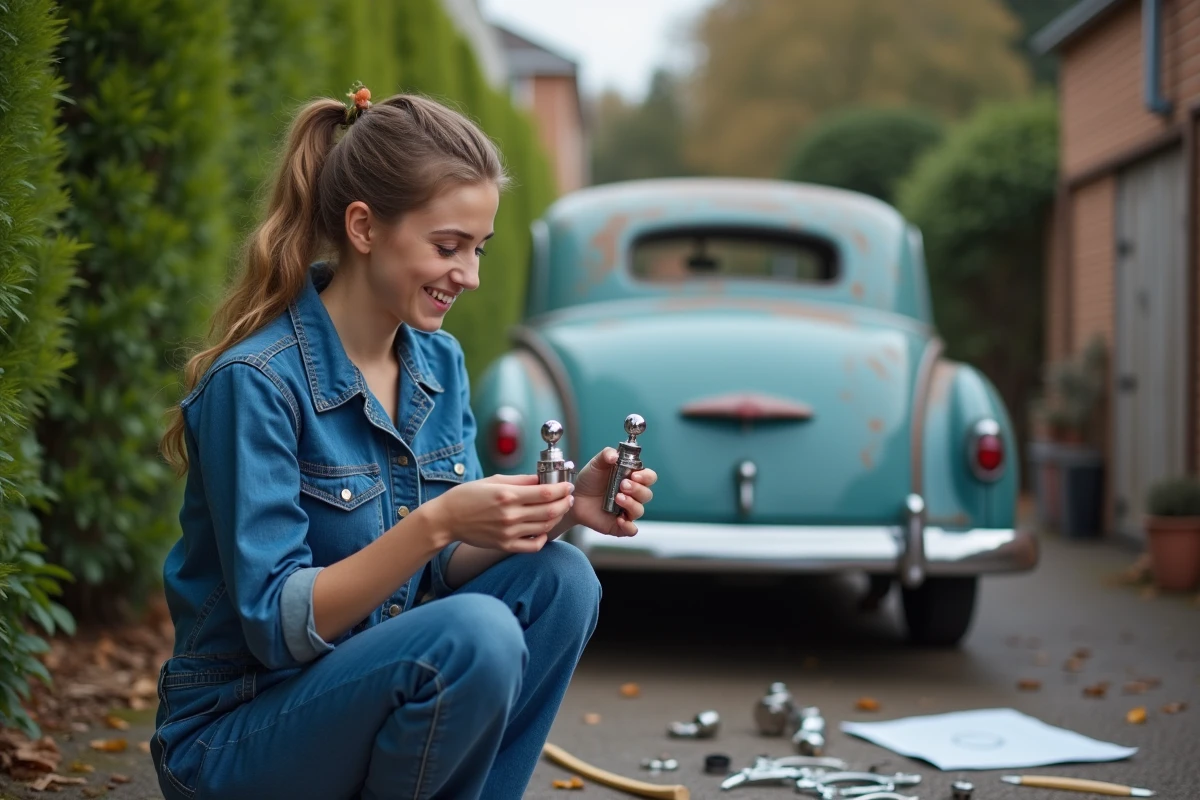 Jeune femme examinant des pièces de voiture dans une allée