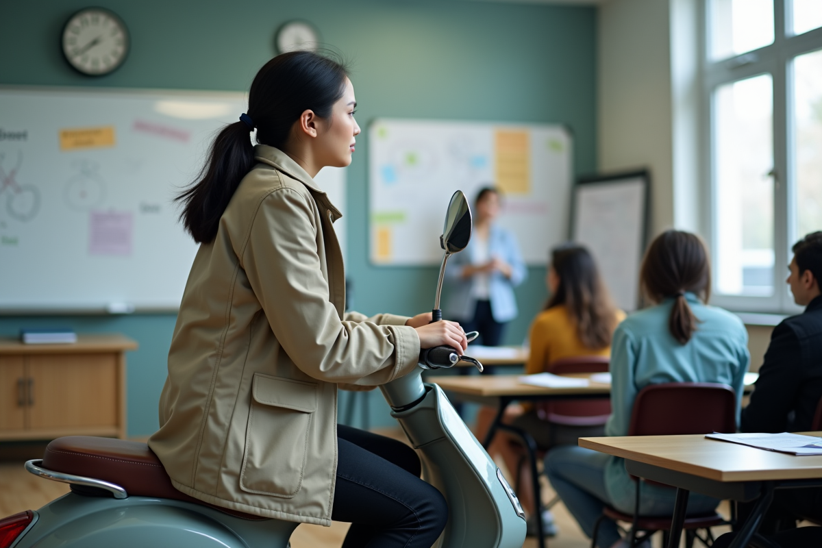 Jeune femme en classe avec scooter et tableau de formation