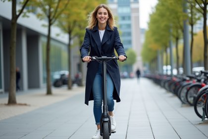 Jeune femme en trench et jeans sur scooter en ville