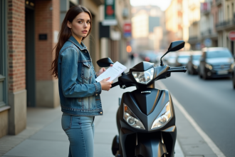 Jeune femme avec scooter et documents d'assurance urbaine