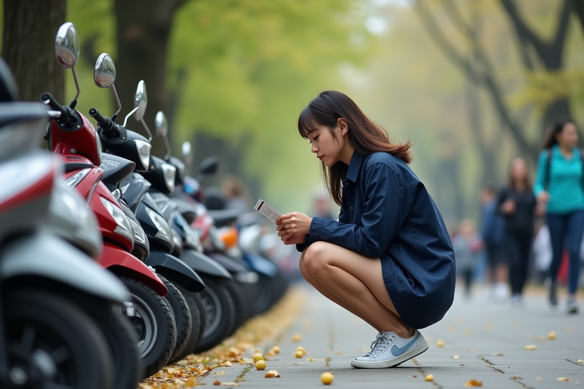 Jeune femme vérifie plaques de scooters dans un parc urbain