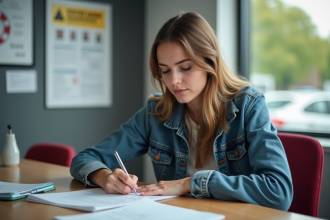 Jeune femme signant un document dans une auto école