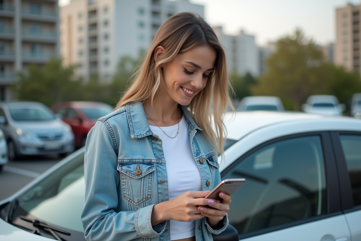 Jeune femme utilisant son smartphone à côté de sa voiture urbaine
