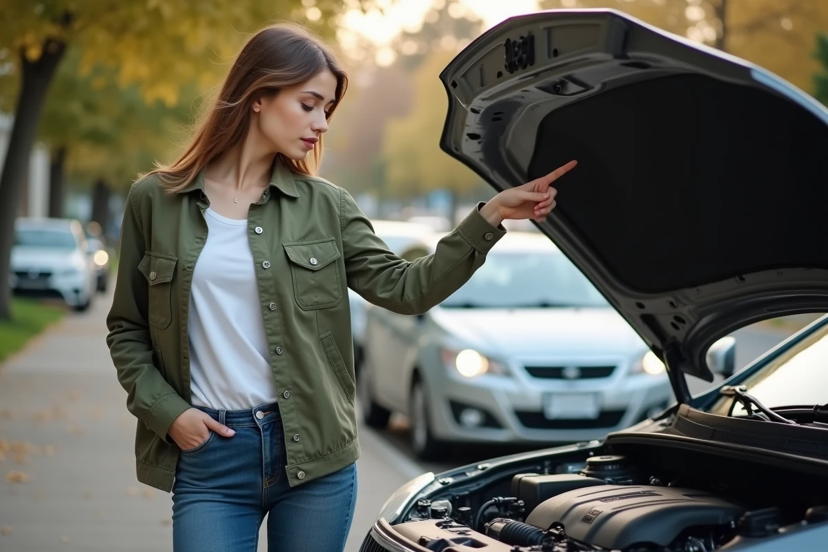 Jeune femme regardant le moteur de sa voiture en extérieur