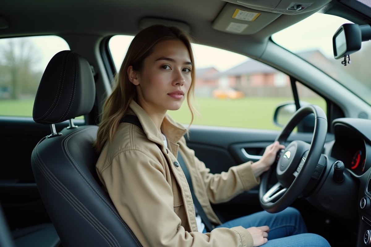Jeune femme attachant sa ceinture dans une voiture