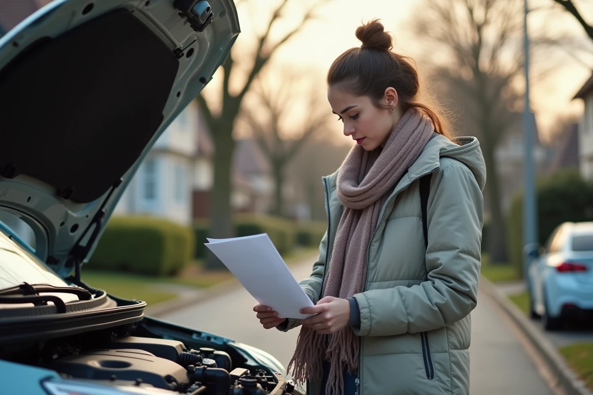 Jeune femme regardant le moteur de sa voiture dans une rue calme
