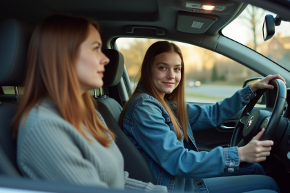 Jeune fille en denim au volant d'une voiture familiale