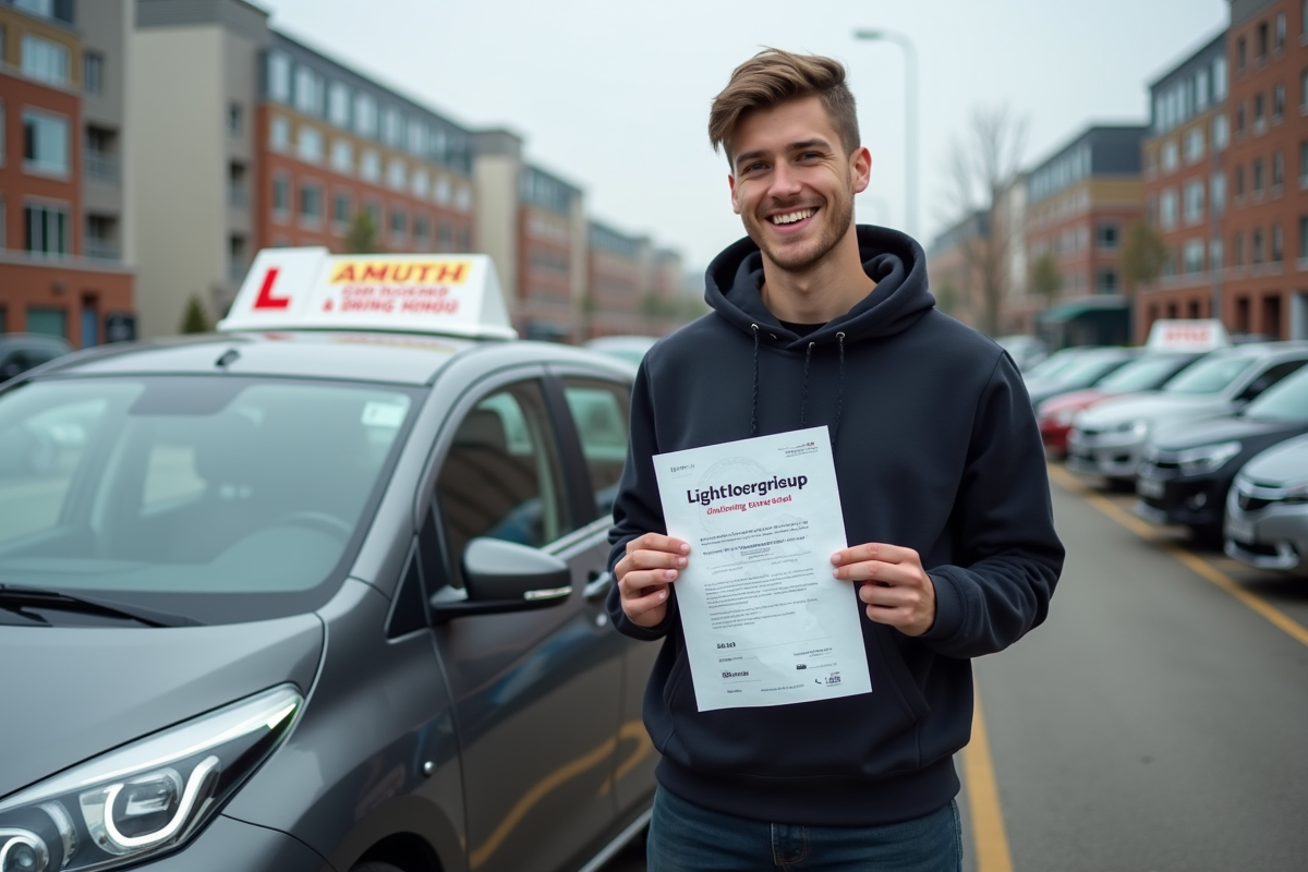 Jeune homme fiere tenant son certificat de conduite