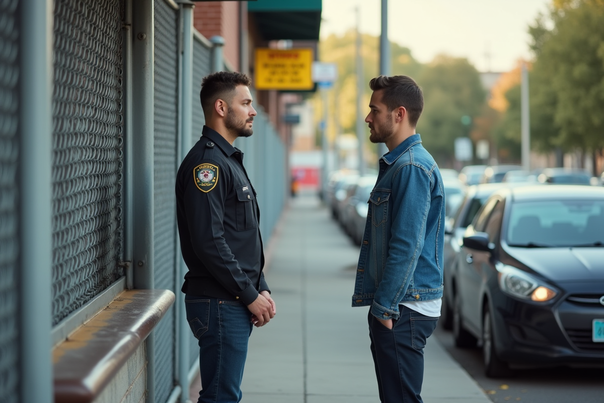 Jeune homme parlant à un agent devant un parc de véhicules en extérieur
