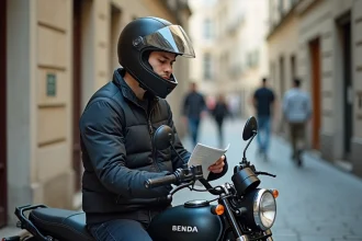 Jeune homme en équipement moto sur une Benda 125 en ville