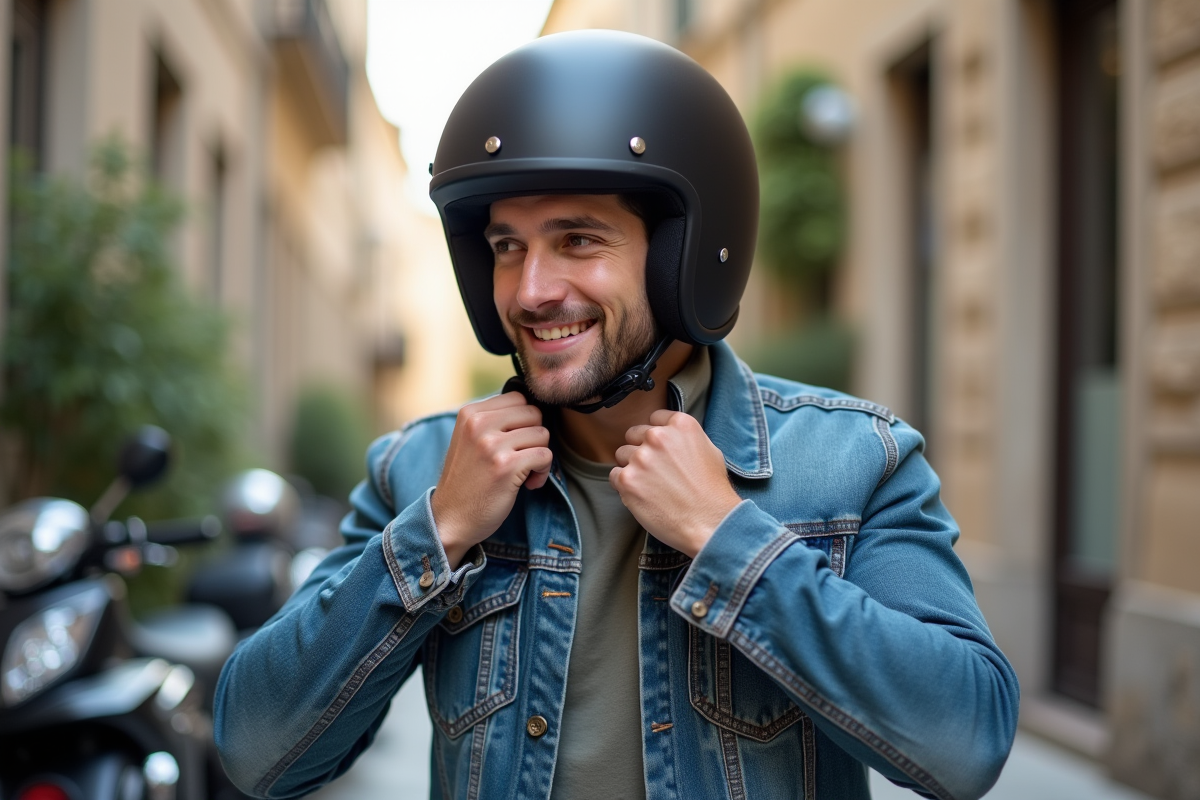 Jeune homme portant casque moto noir en extérieur urbain
