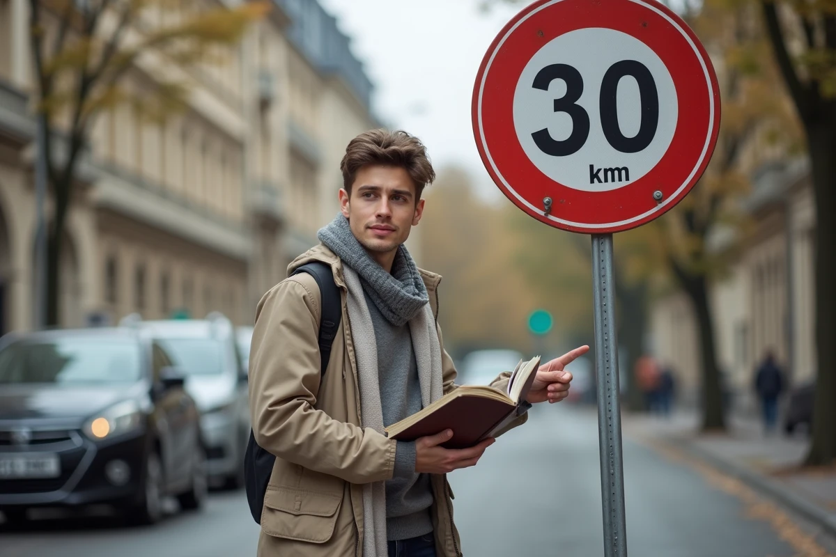 Jeune homme pointant un panneau de vitesse sur une rue urbaine