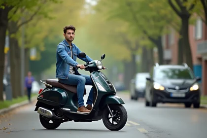 Jeune homme en denim sur scooter dans un quartier calme