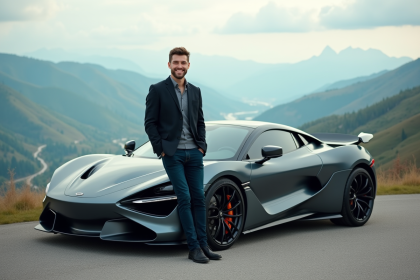 Jeune homme souriant près d'une voiture sportive en montagne