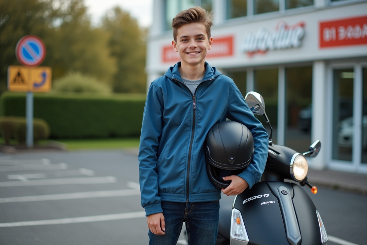 Jeune homme souriant avec casque et scooter devant auto ecole