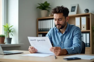 Jeune homme examine un PDF permis dans un bureau lumineux