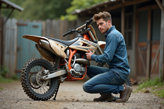 Jeune homme vérifiant la chaîne d'une moto 125cc en extérieur