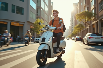 Jeune professionnel roulant en scooter moderne en ville en plein jour