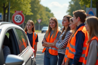 Jeunes écoutant un instructeur de sécurité routière en ville