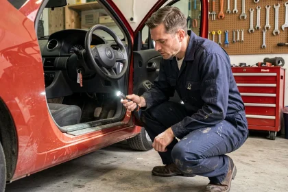 Mécanicien examinant le système anti-démarrage sous le tableau de bord d'une Renault Clio 2 dans un garage