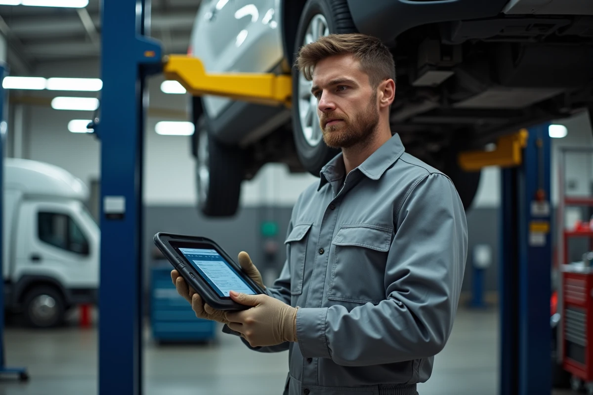 Mécanicien diagnostiquant un filtre à particules FAP sur un véhicule diesel BlueHDi 120 dans un centre de service automobile