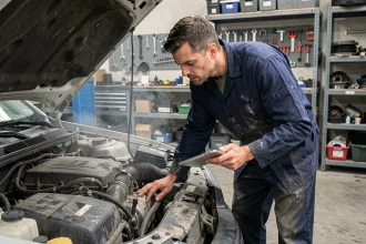 Mécanicien en blouse bleue inspectant le moteur 2 HDi 90 d'une voiture dans un atelier automobile professionnel