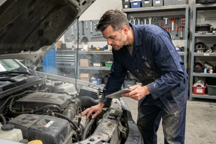 Mécanicien en blouse bleue inspectant le moteur 2 HDi 90 d'une voiture dans un atelier automobile professionnel