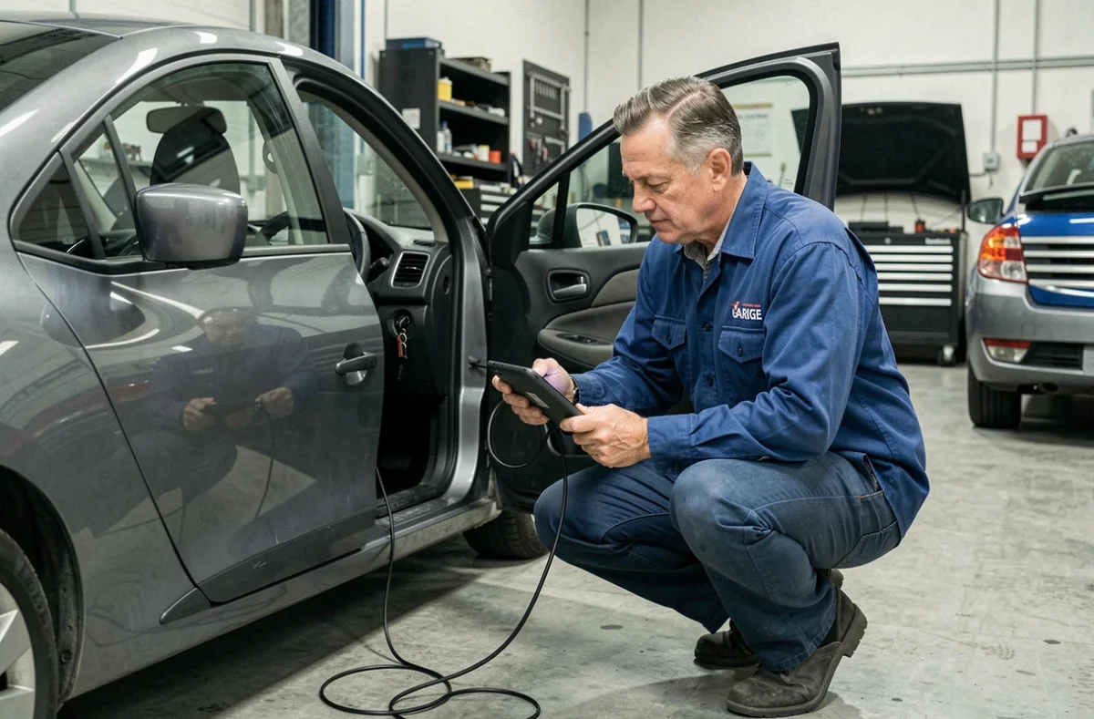 Mécanicien utilisant un outil de diagnostic OBD pour récupérer le code d'authentification d'une Renault Clio 4 dans un garage