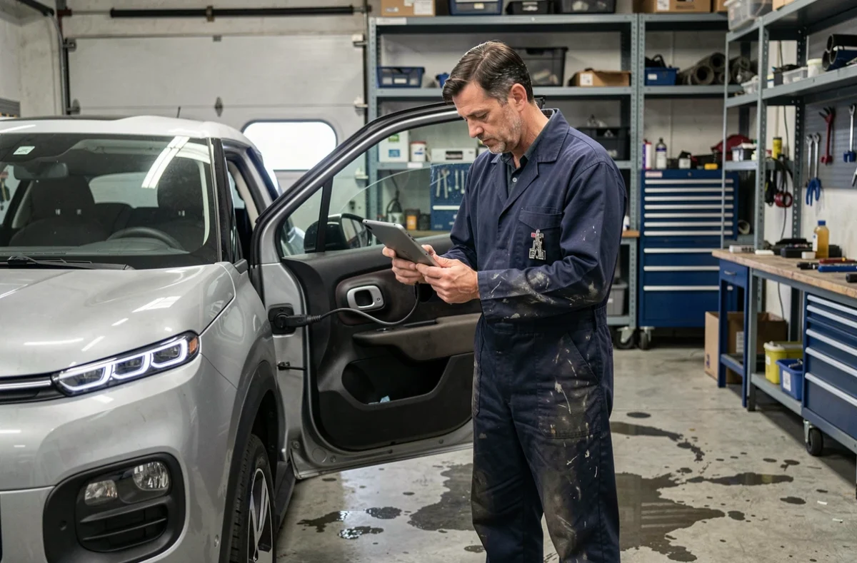 Mécanicien diagnostic électronique sur Citroën C3 Aircross pour problème de verrouillage de porte en garage