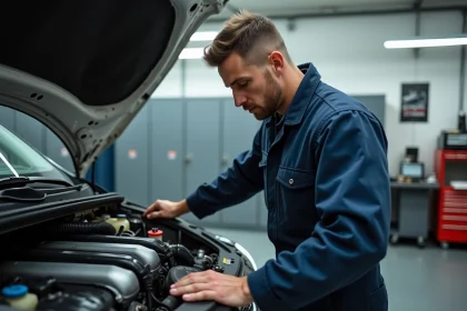 Mécanicien homme inspectant un moteur diesel en atelier