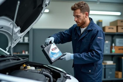 Mécanicien versant de l'huile 5W30 dans le moteur d'une Peugeot 208 blanche dans un garage professionnel