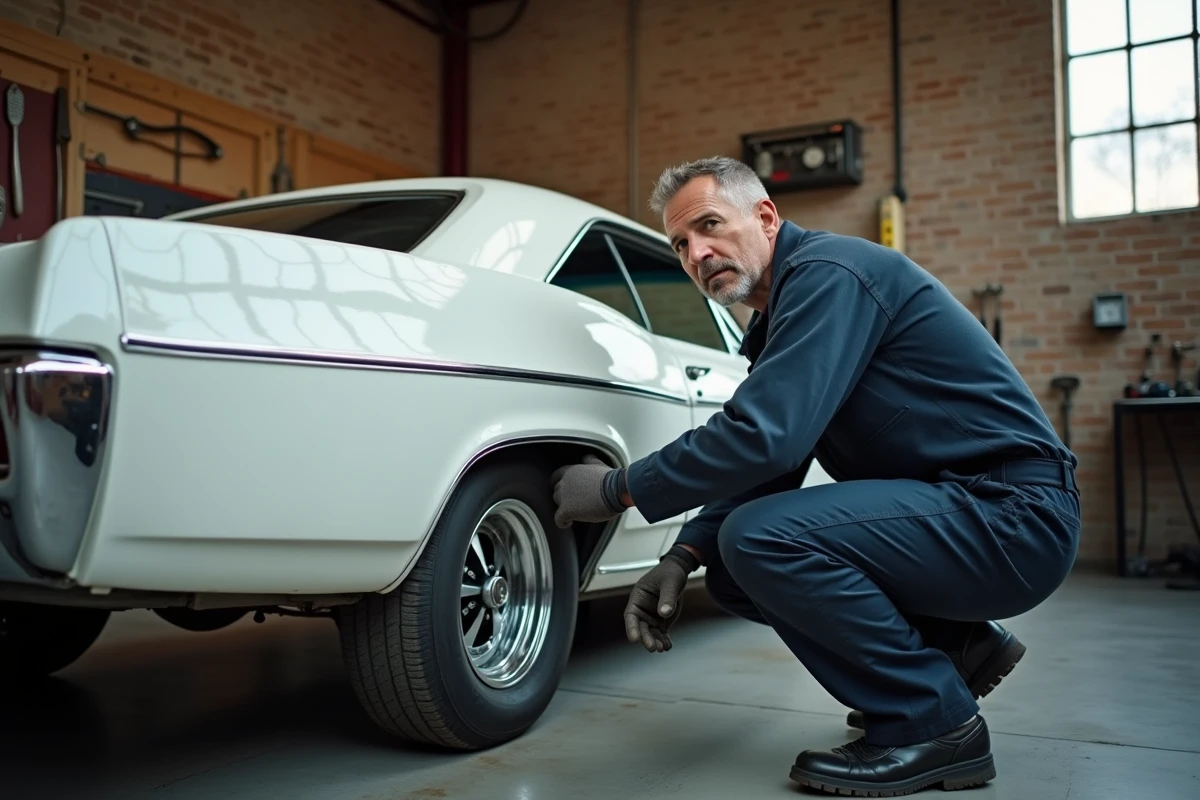 Mécanicien inspectant une Chevrolet Impala 1967 blanche automatique dans un garage vintage avec murs en briques et sol en béton
