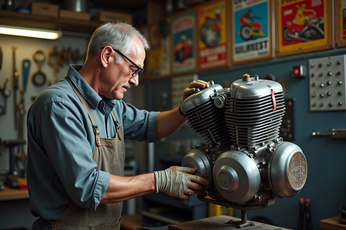 Mécanicien expérimenté inspectant le moteur d'une Suzuki GSXR 1100 de 1992 sur béquille centrale dans un atelier moto indépendant