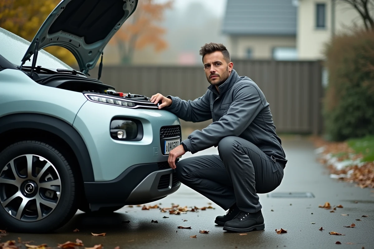 Mécanicien inspectant le moteur d'une Citroën C3 après l'allumage d'un voyant au démarrage