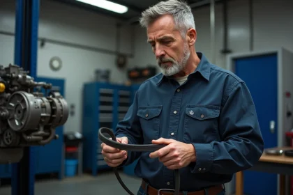 Mécanicien homme examinant une courroie de moteur dans un garage