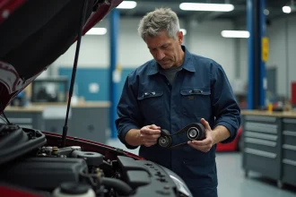 Mécanicien homme examine une courroie de distribution dans un garage propre