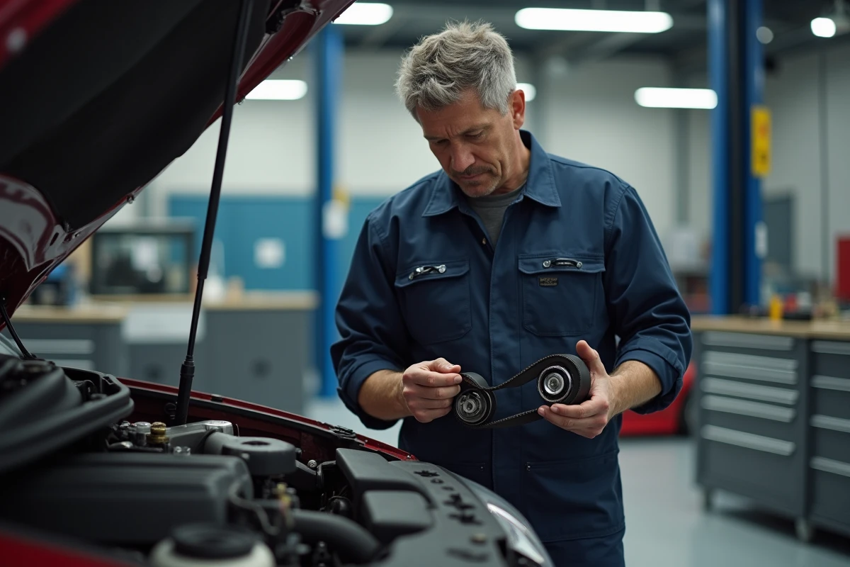 Mécanicien homme examine une courroie de distribution dans un garage propre
