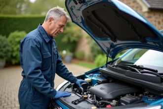 Mécanicien inspectant le moteur d'une voiture moderne en extérieur