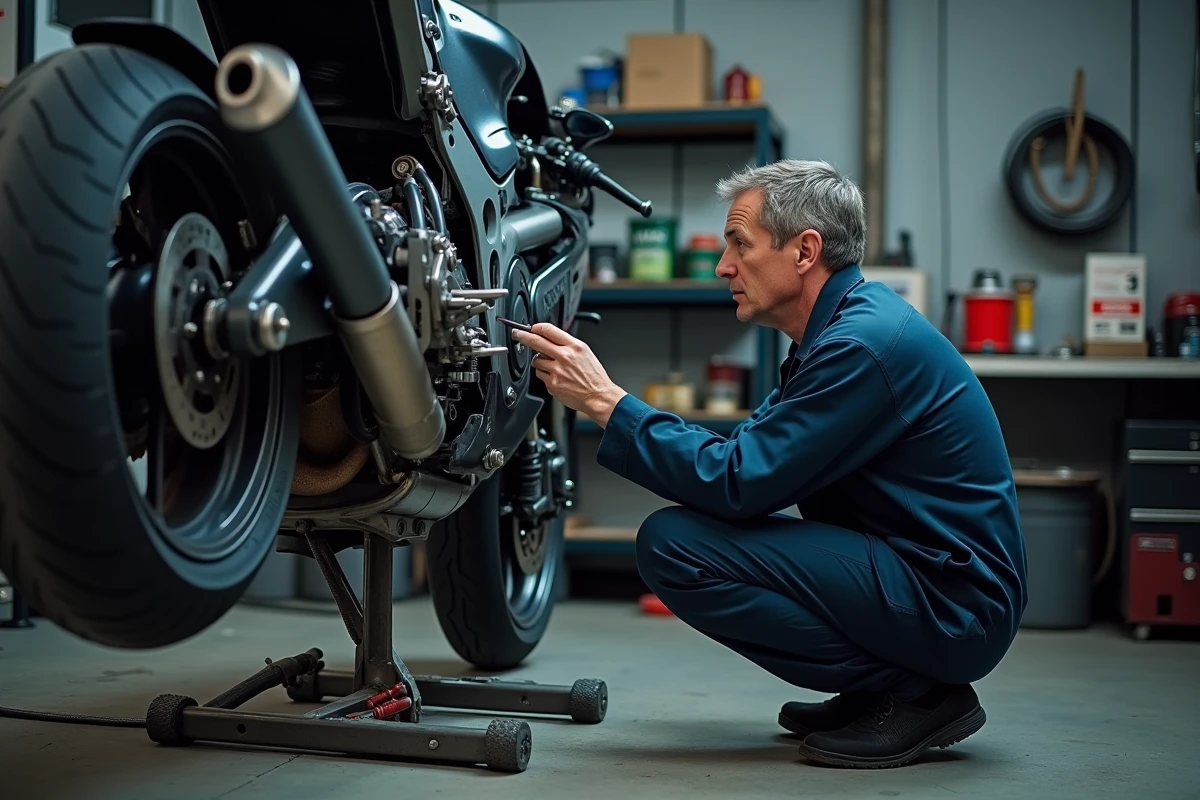 Mécanicien inspectant la suspension arrière d'une Honda CBR 1000 F dans un atelier moto indépendant, illustrant les points de contrôle de fiabilité et d'entretien