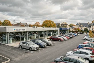 Vue panoramique d'une zone de concessionnaires automobiles en Maine-et-Loire avec plusieurs showrooms modernes et parkings remplis de voitures