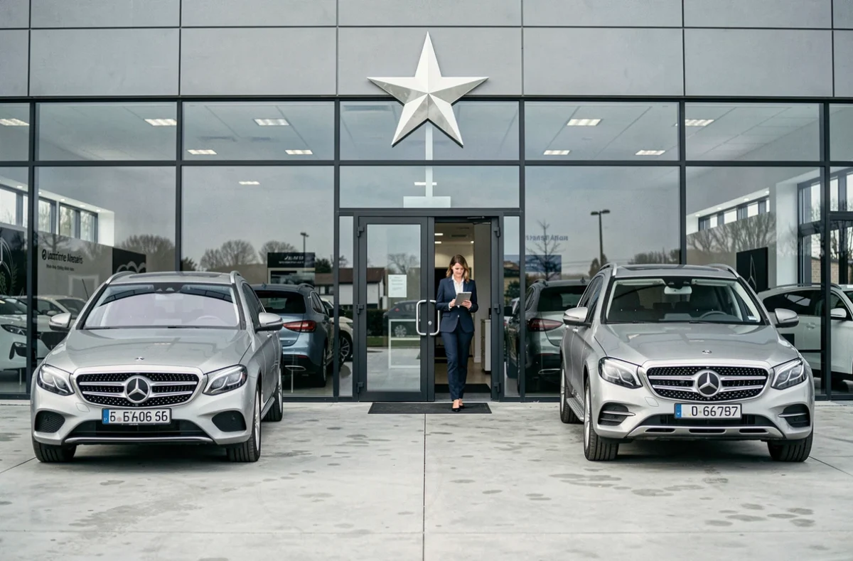 Garage de Bretagne Mercedes à Angers avec une E-Class et un SUV exposés devant une façade vitrée élégante