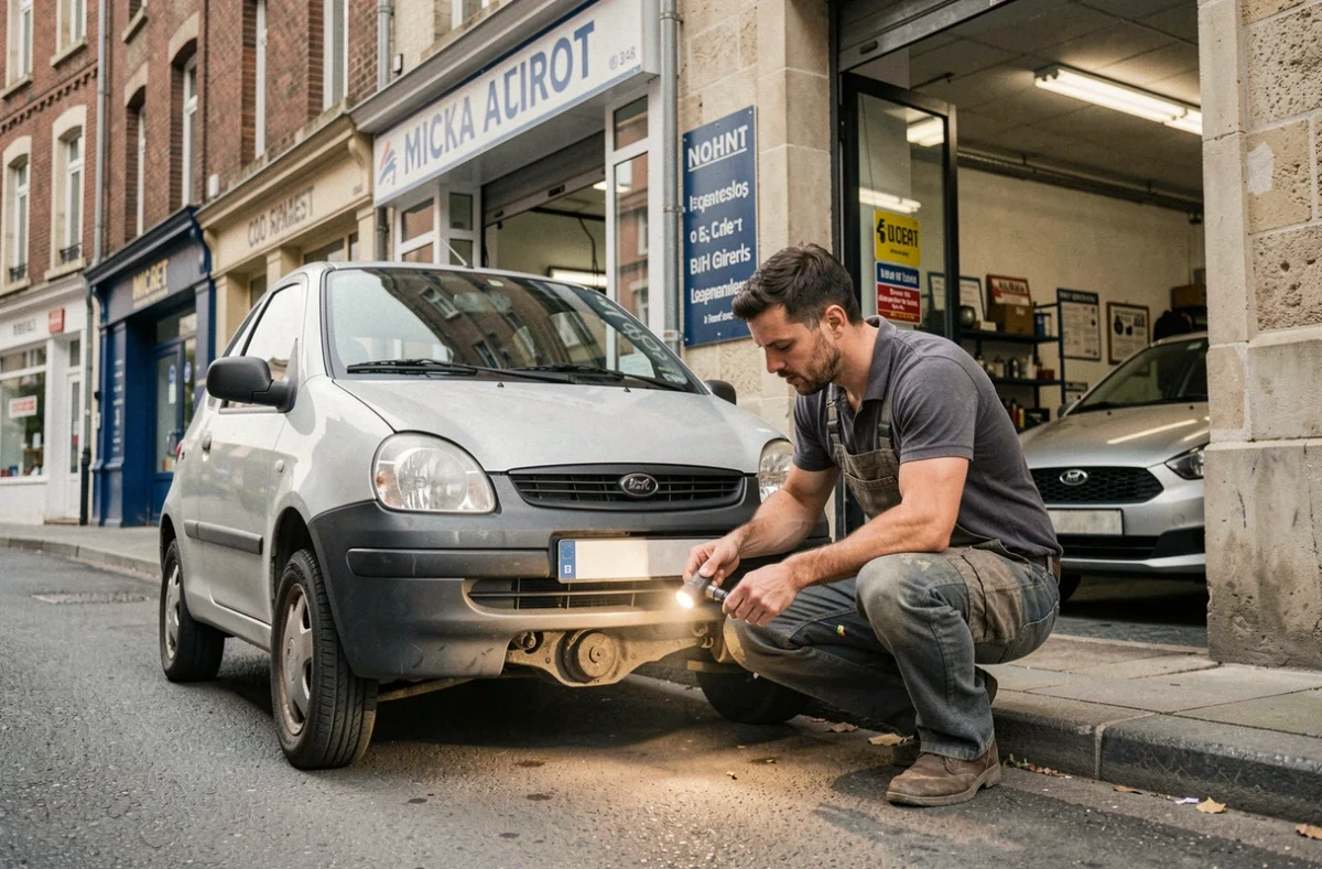 Mécanicien de Micka Auto examinant le dessous d'un véhicule devant l'atelier dans une rue commerciale du Loiret