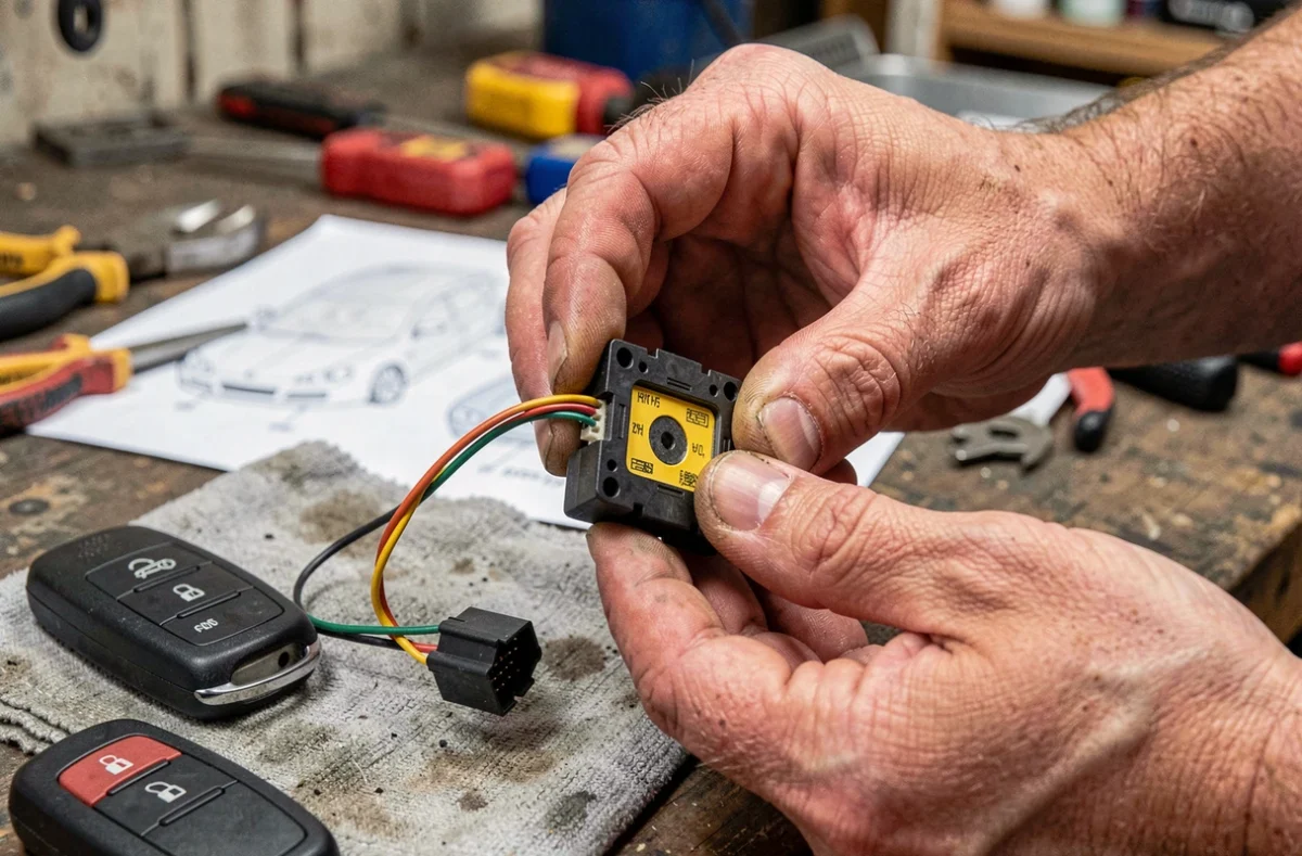 Mains tenant un module anti-démarrage électronique de Renault Clio 2 sur un établi d'atelier