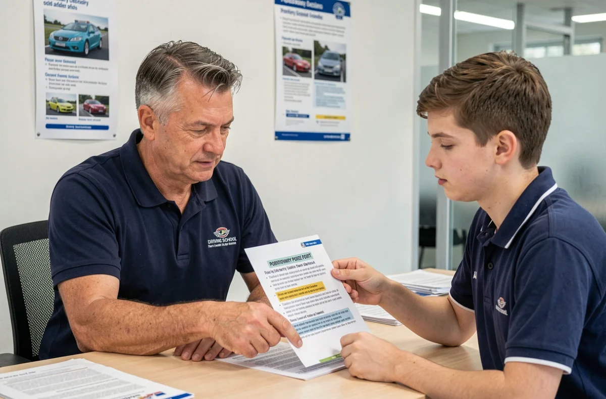 Moniteur d'auto-école expliquant les règles de perte de points du permis probatoire à un jeune conducteur dans une auto-école