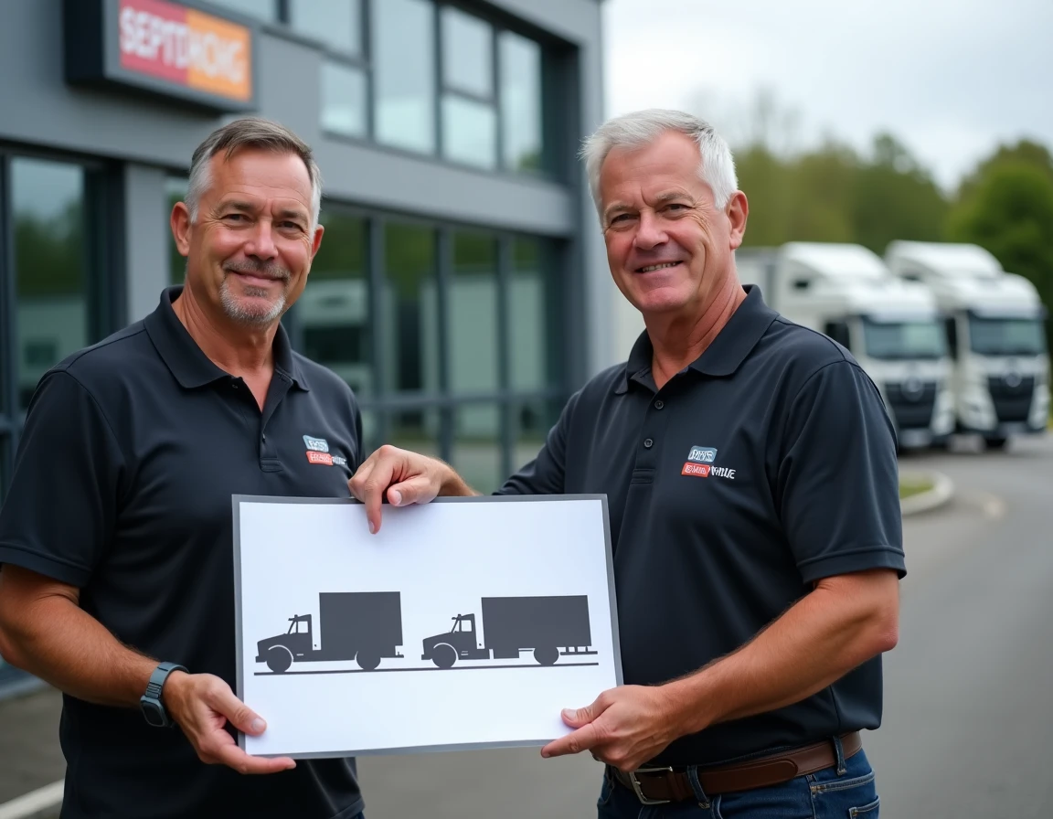 Deux moniteurs d'auto-école poids lourds comparant les catégories de permis C et C1 devant un camion articulé et un camion rigide dans un centre de formation