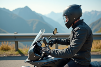 Motard homme en montagne avec GPS sur moto